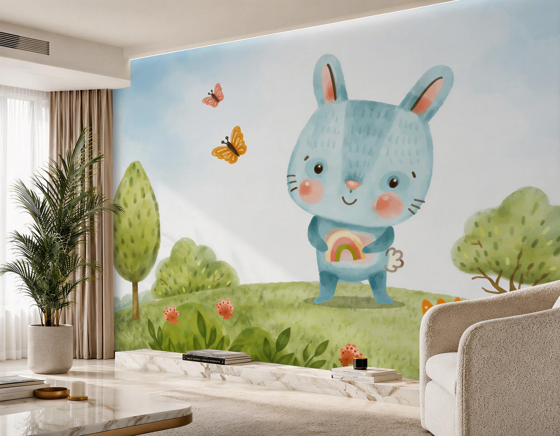 Papier peint Lapin avec un arc-en-ciel dans les pattes