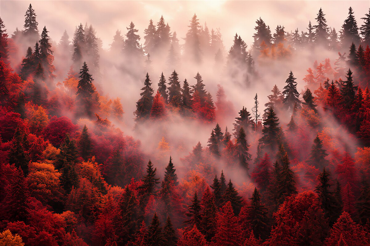 Papier peint forêt automnale rouge dans la brume d'ambiance pour le salon
