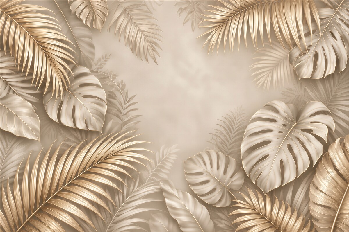 Papier peint feuilles dorées tropicales