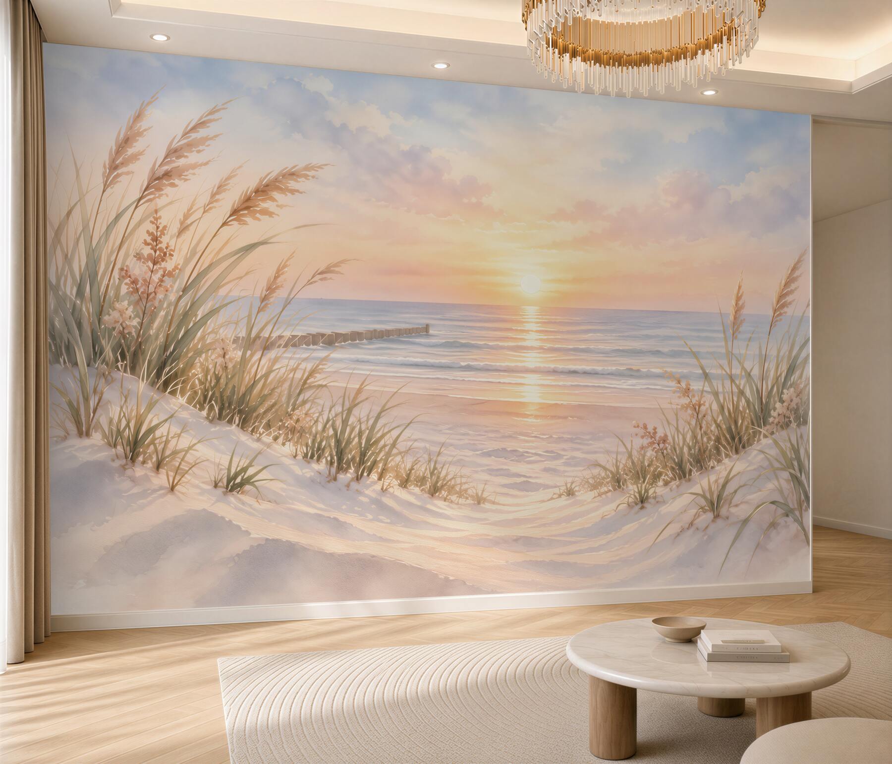 Papier peint herbe verte sur une plage de sable