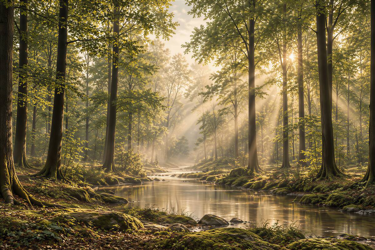 Papier peint rayons de soleil traversant une forêt élancée