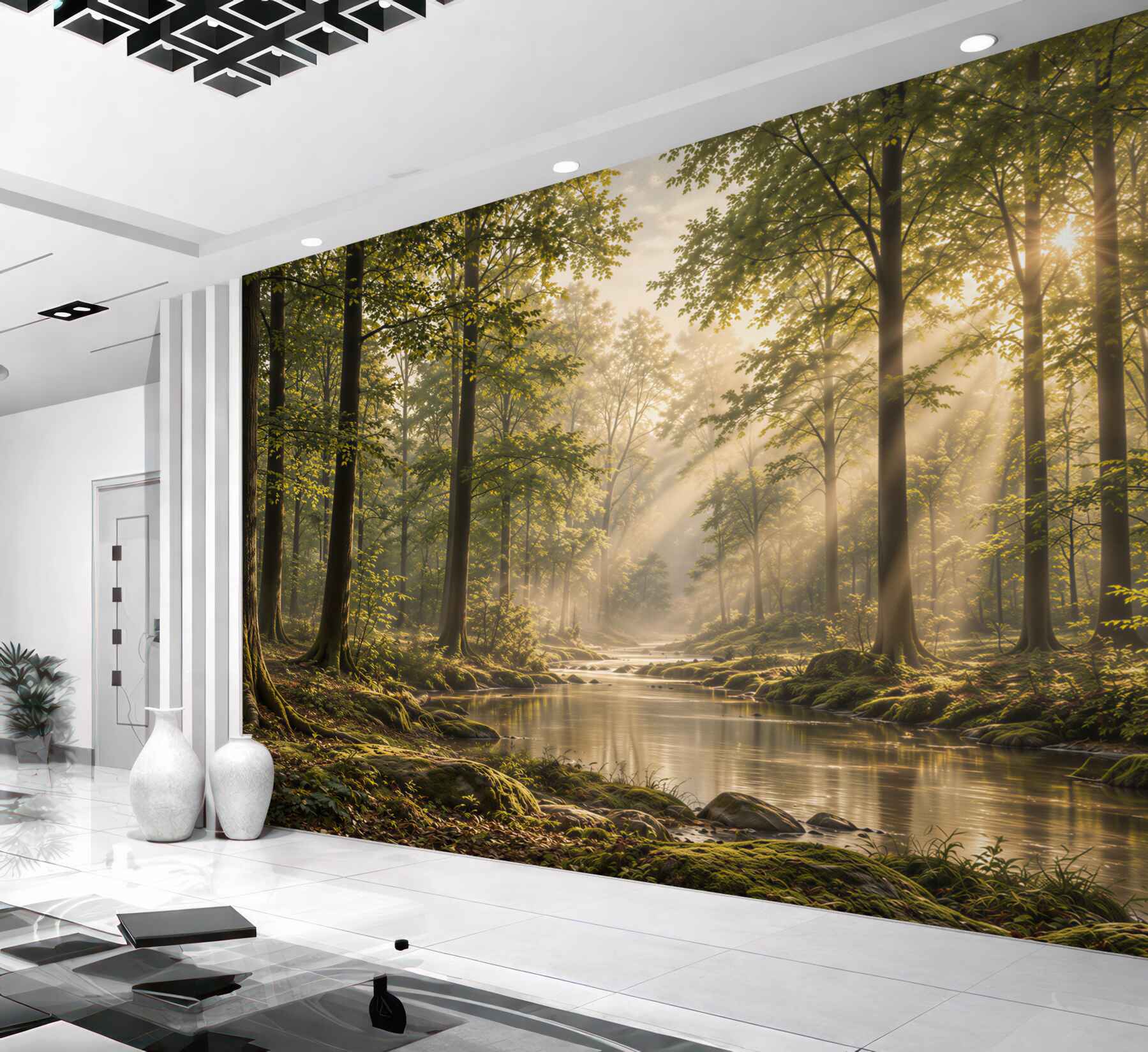 Papier peint rayons de soleil traversant une forêt élancée