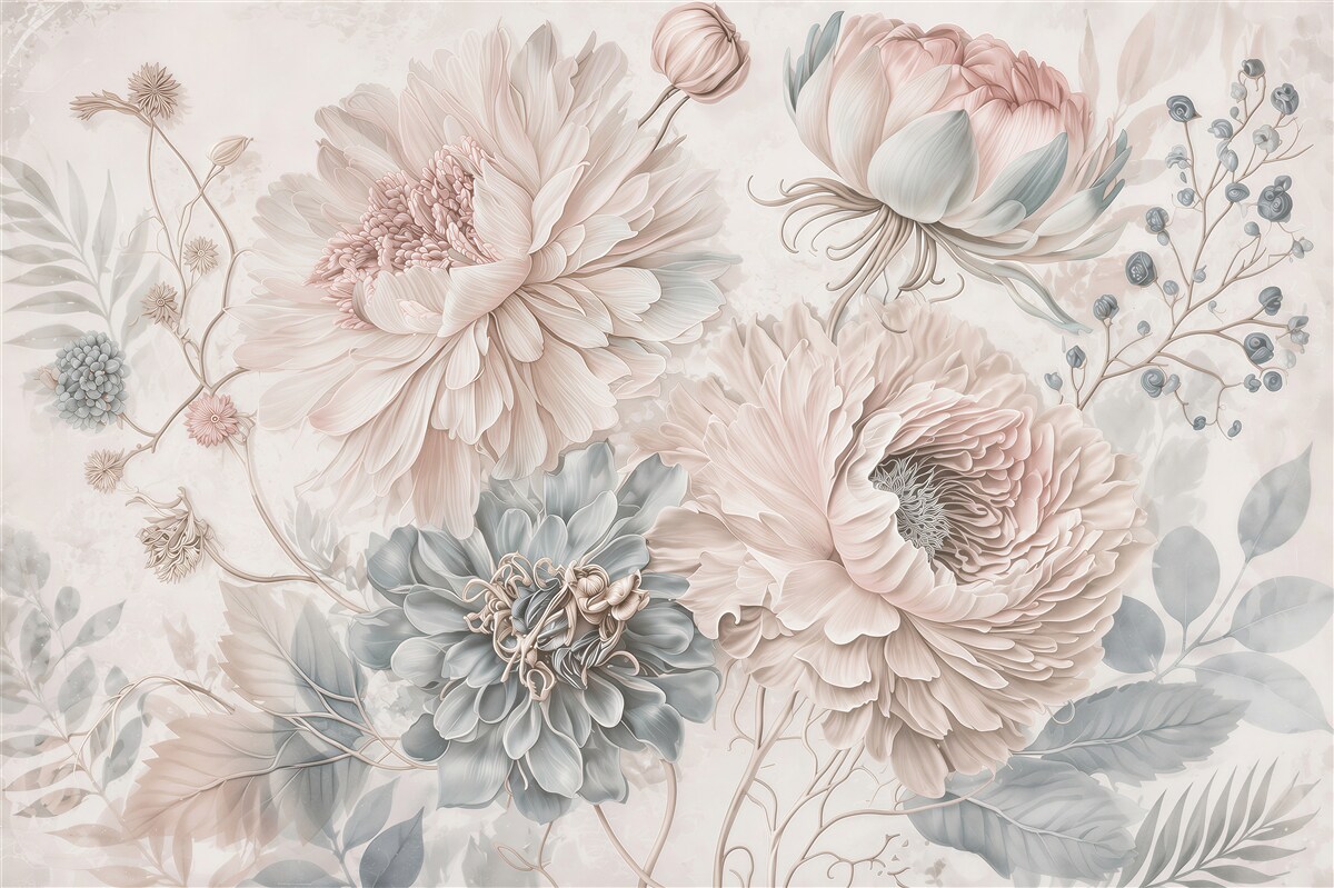 Papier peint fleurs pastel dans des tons de rose et de bleu