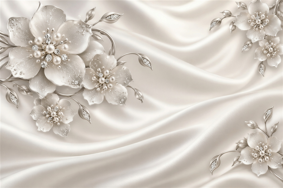 Papier peint fleurs grises sur un tissu satiné blanc
