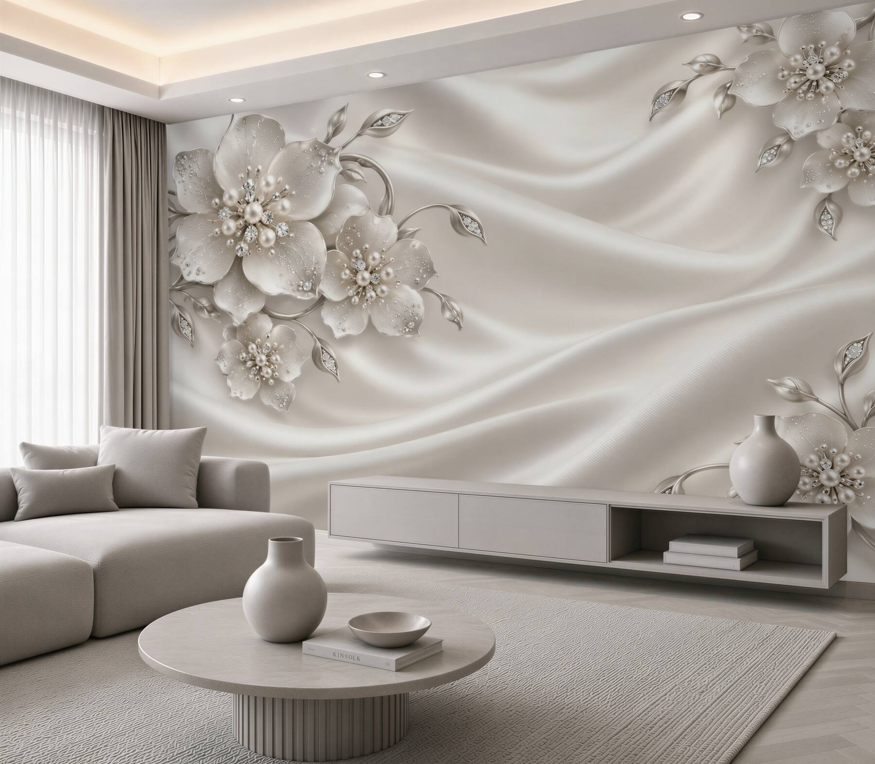 Papier peint fleurs grises sur un tissu satiné blanc
