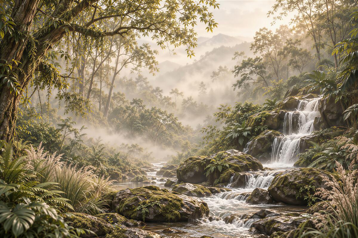 Papier peint cascade dans une forêt dense et verte