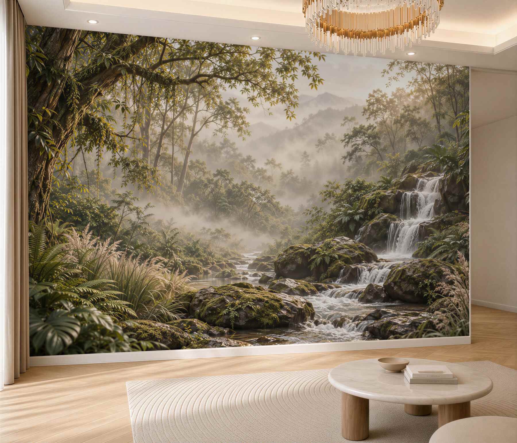 Papier peint cascade dans une forêt dense et verte