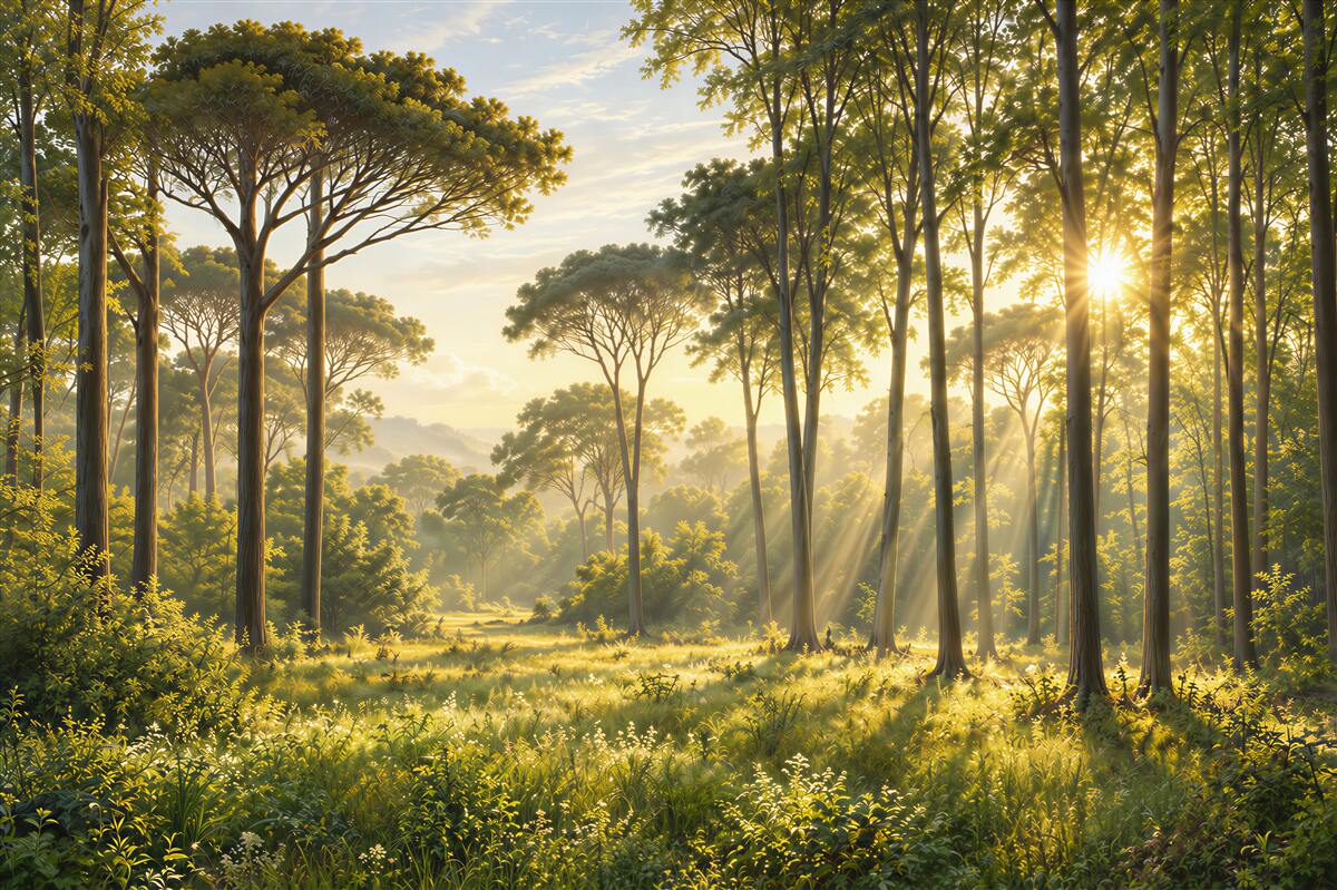 Papier peint pelouse avec vue sur le lever du soleil dans la forêt