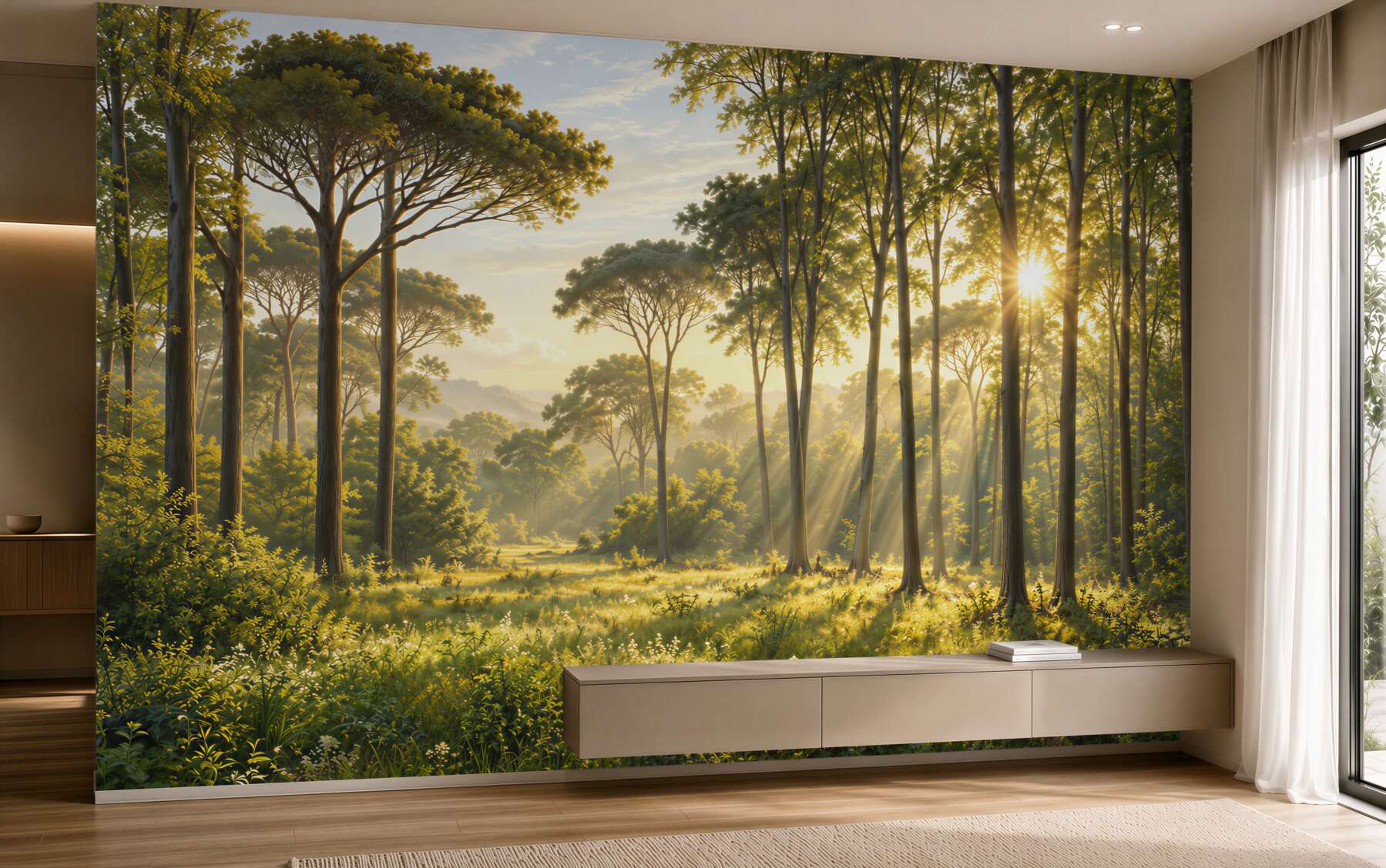 Papier peint pelouse avec vue sur le lever du soleil dans la forêt