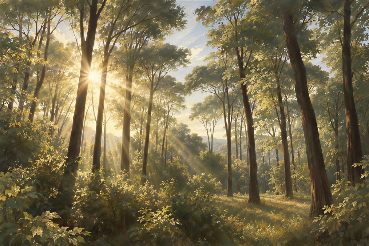 Papier peint lever de soleil dans une forêt verte