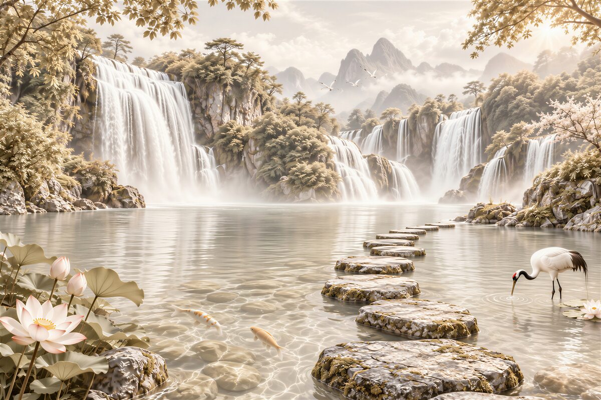 Papier peint cascades et lotus