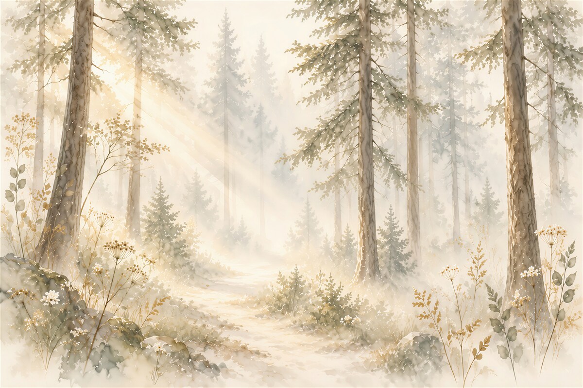 Papier peint forêt sous les rayons du soleil