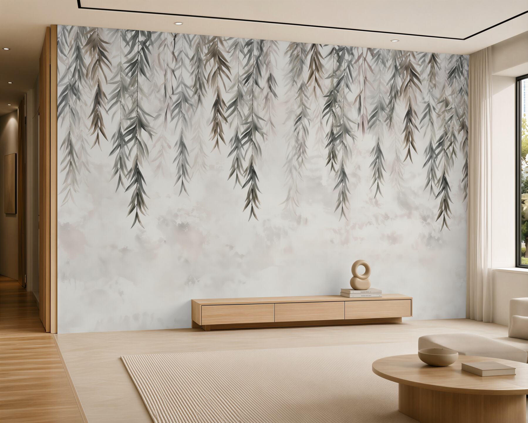 Papier peint feuilles et fleurs suspendues
