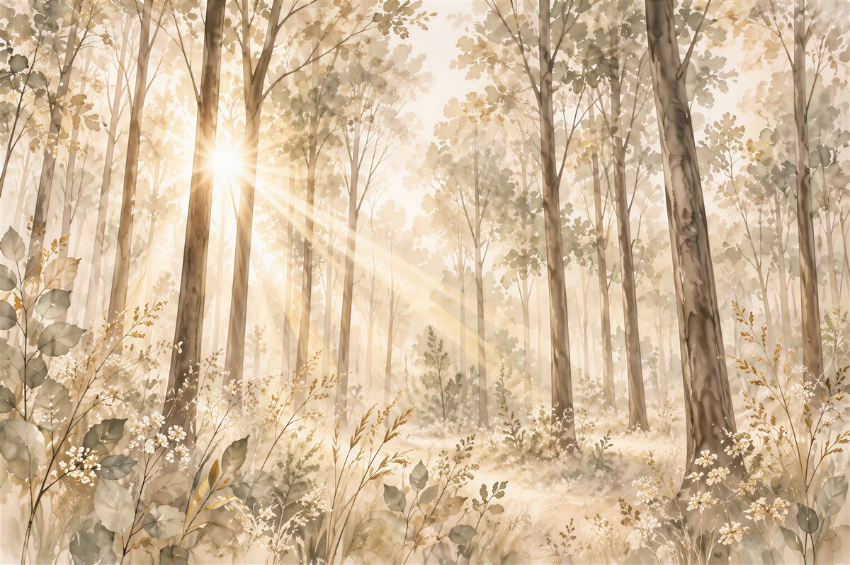 Papier peint matin forestier avec rayons de soleil