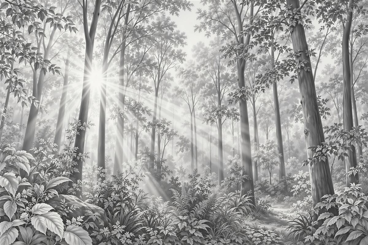 Papier peint forêt dans le brouillard noir et blanc