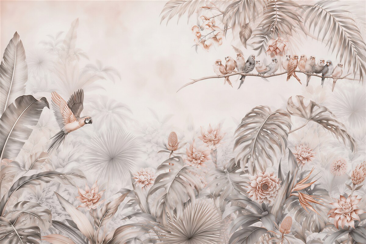Papier peint oiseaux sur des plantes tropicales