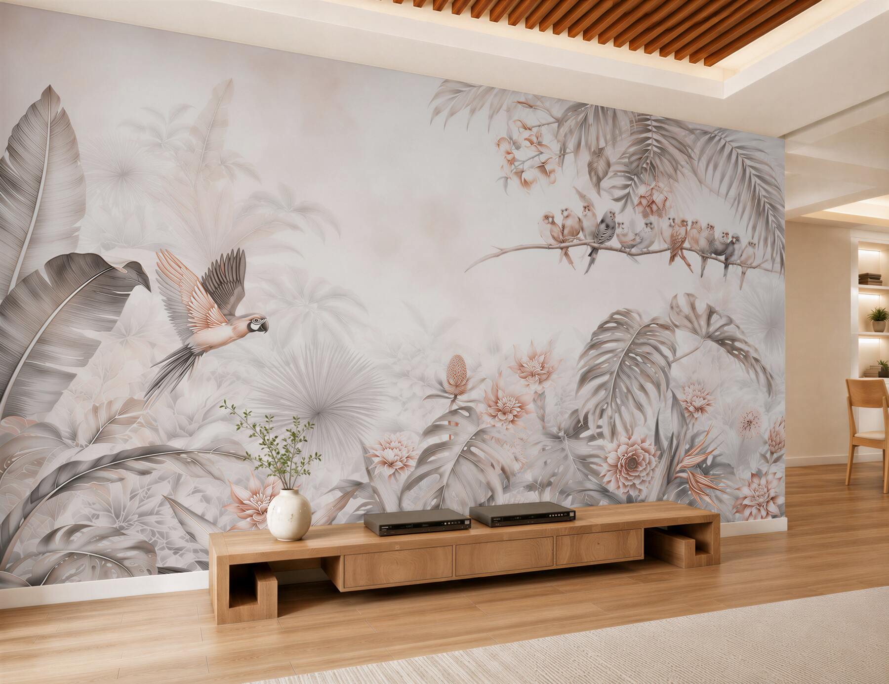 Papier peint oiseaux sur des plantes tropicales