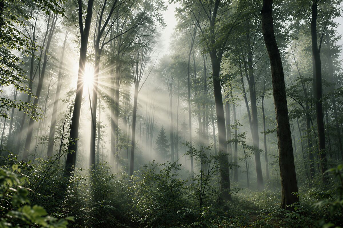 Papier peint forêt au matin