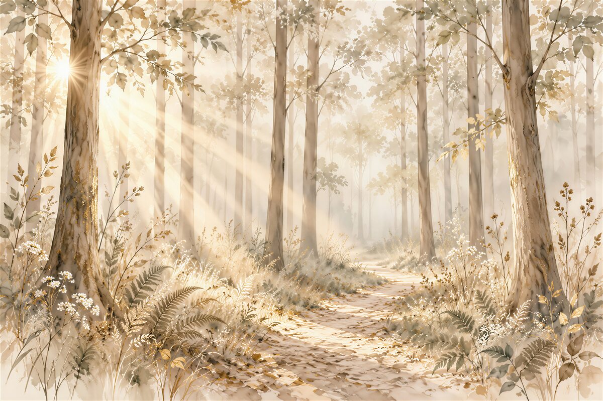 Papier peint forêt ensoleillée le matin