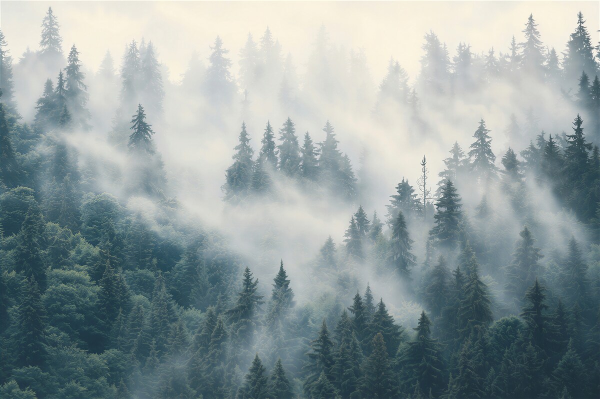 Papier peint forêt de conifères brumeuse au pied des montagnes paysage paisible