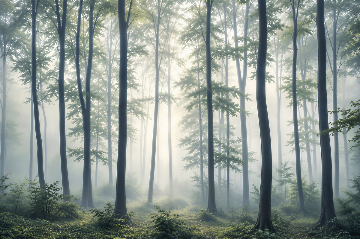 Papier peint tôt le matin brouillard dans la forêt