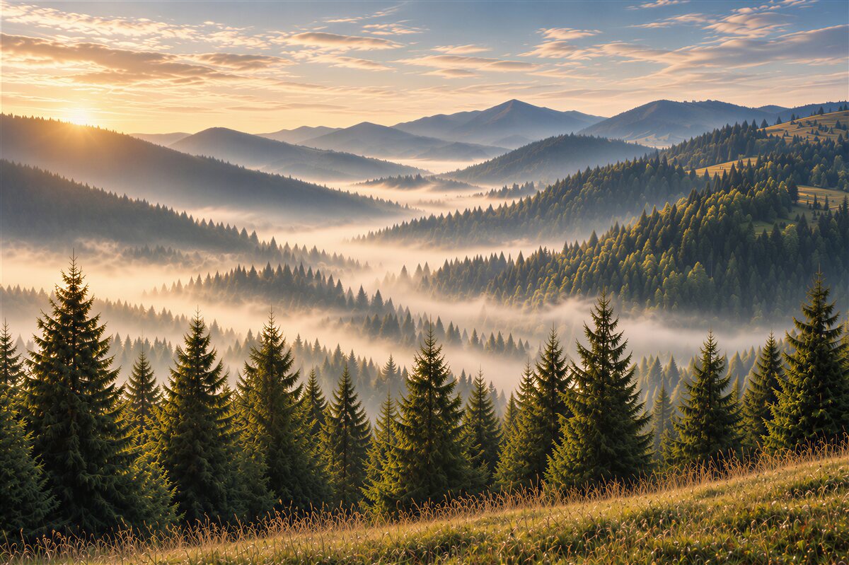 Papier peint brouillard tombant sur une dense forêt d'automne