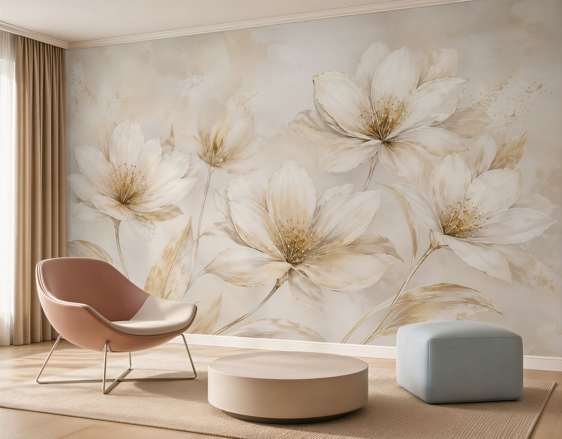 Papier peint fleurs crème