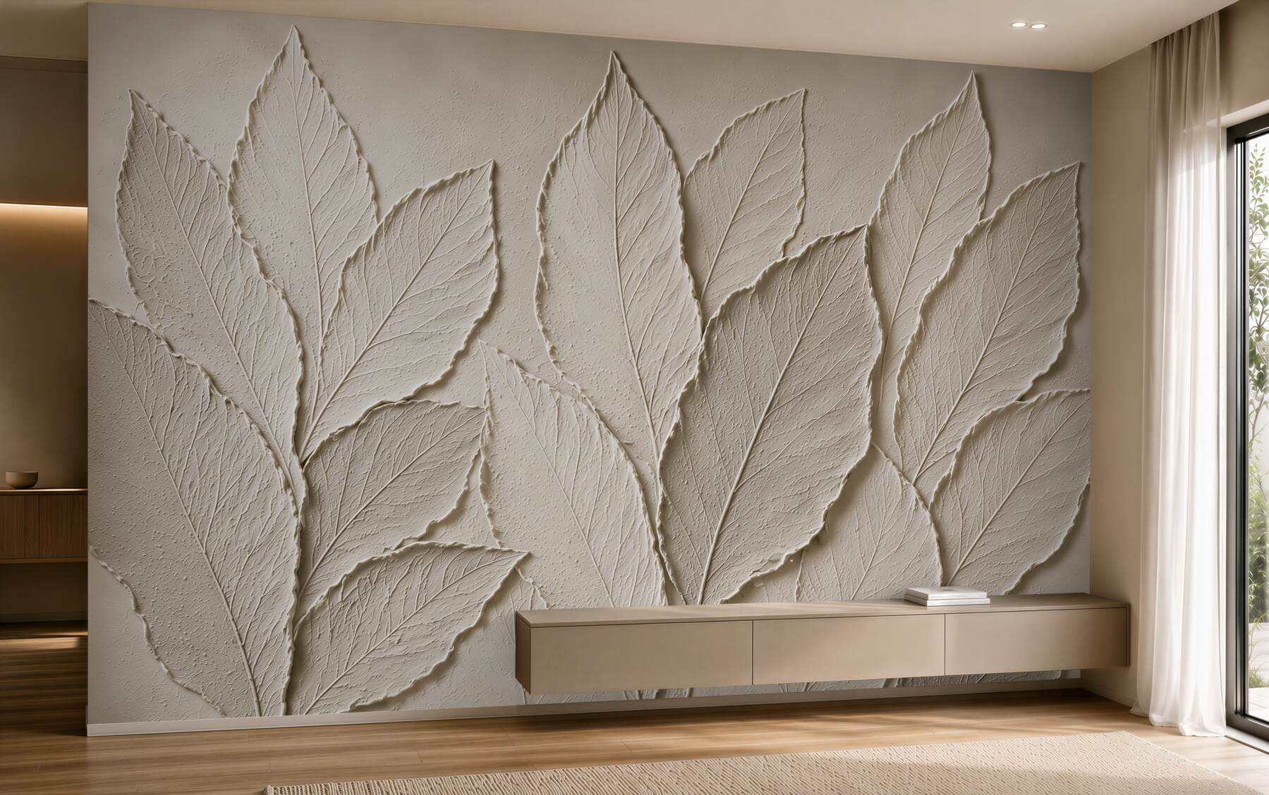 Papier peint feuilles beiges