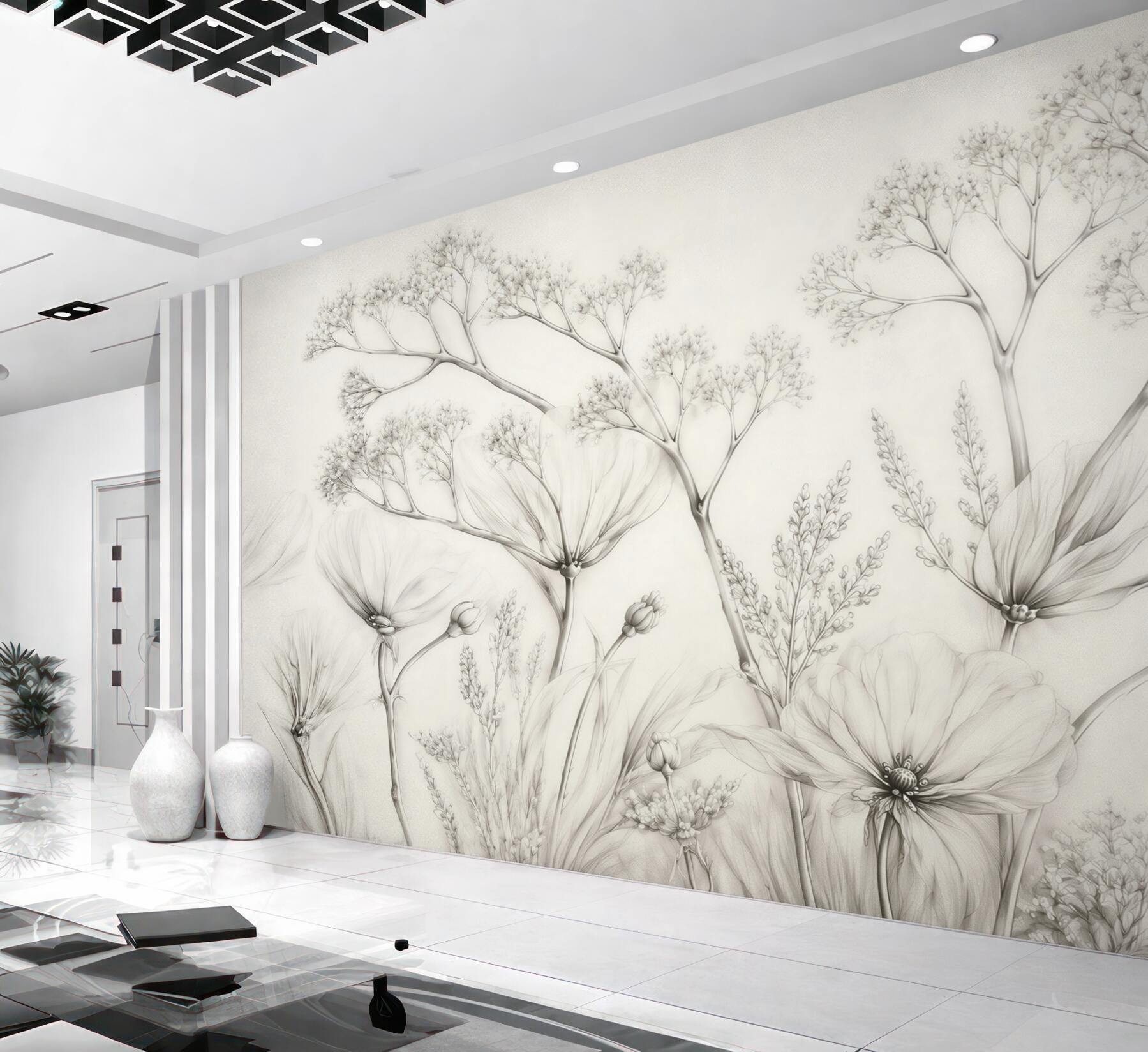 Papier peint fleurs délicates esquisse