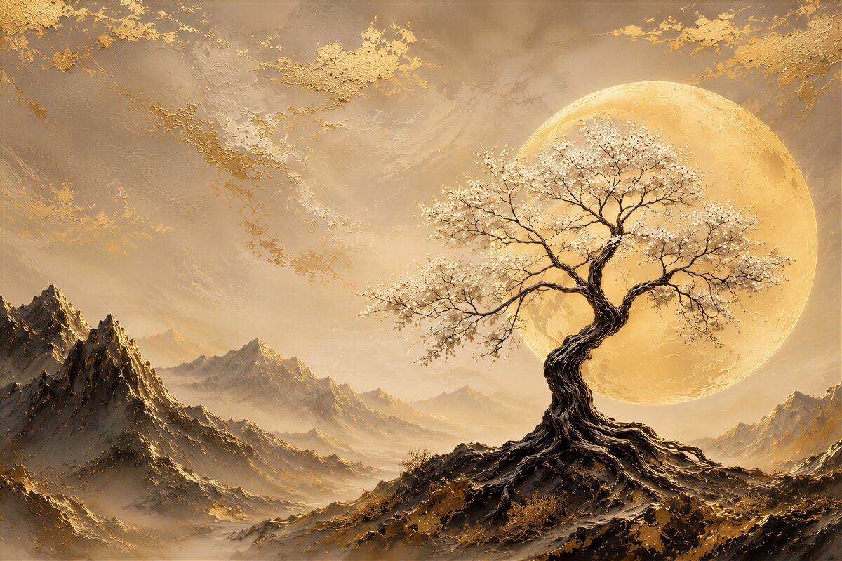 Papier peint arbre doré et lune