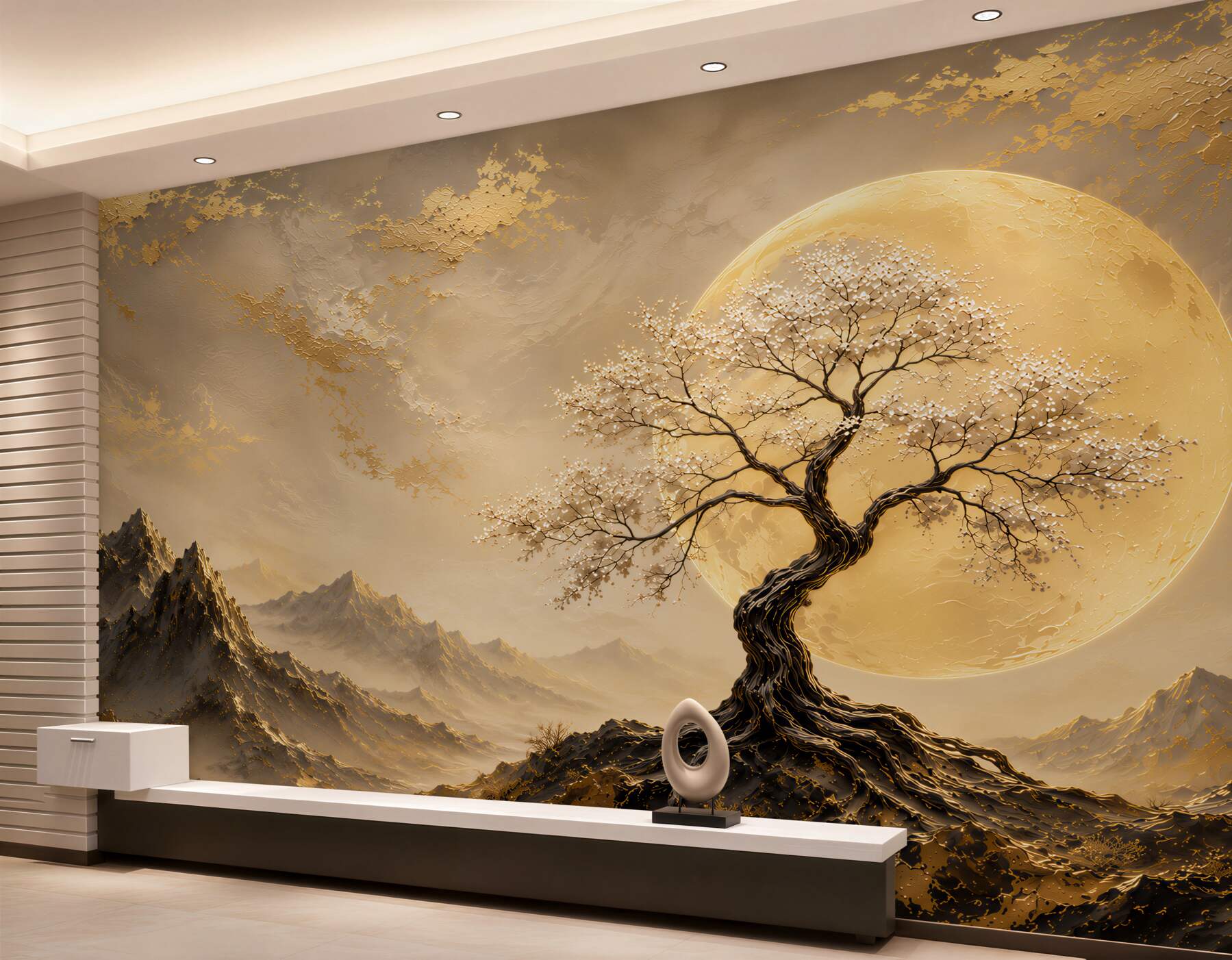 Papier peint arbre doré et lune