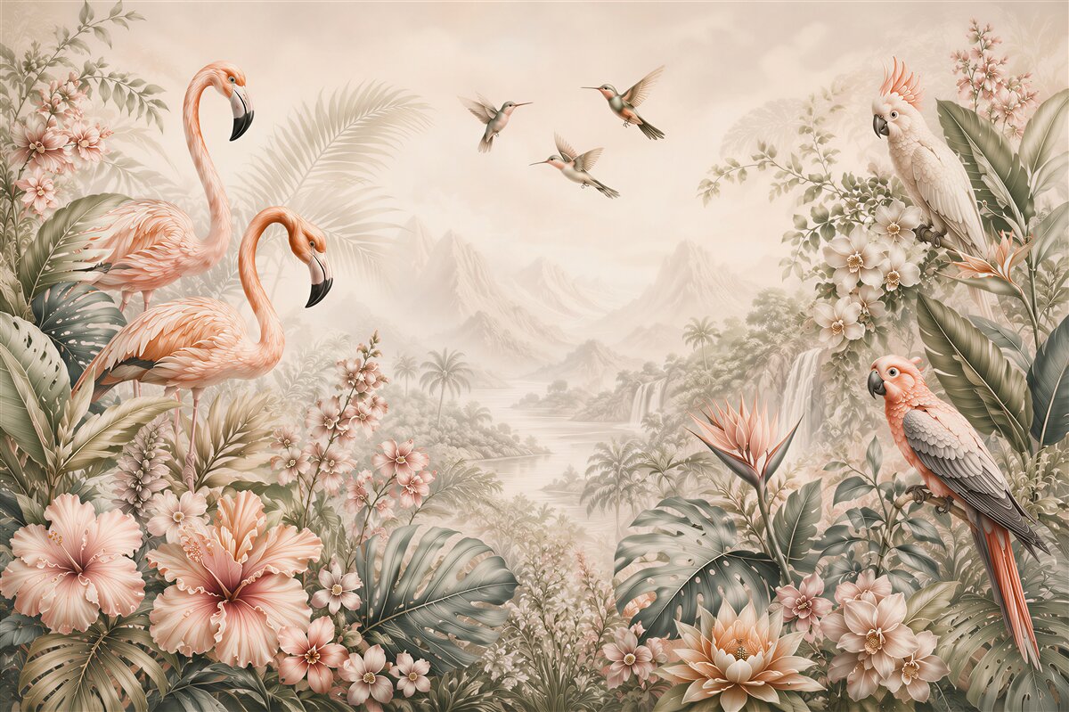 Papier peint flamants et perroquets tropicaux
