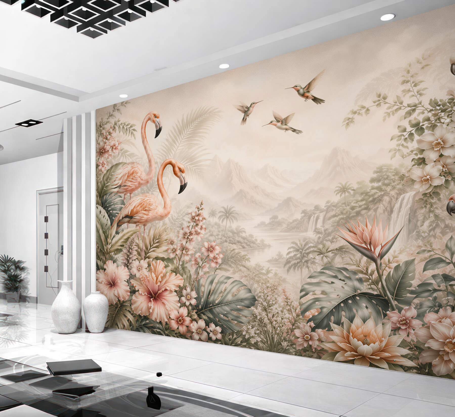 Papier peint flamants et perroquets tropicaux