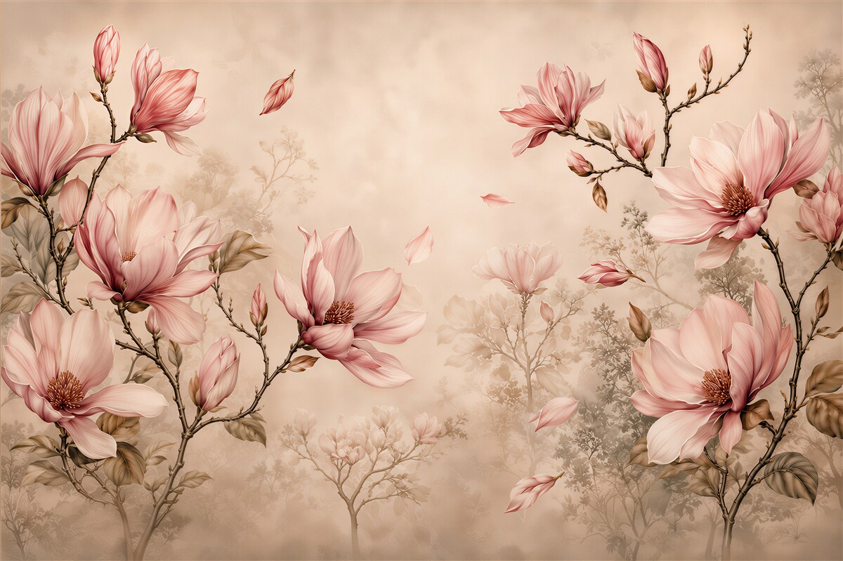 Papier peint magnolias roses