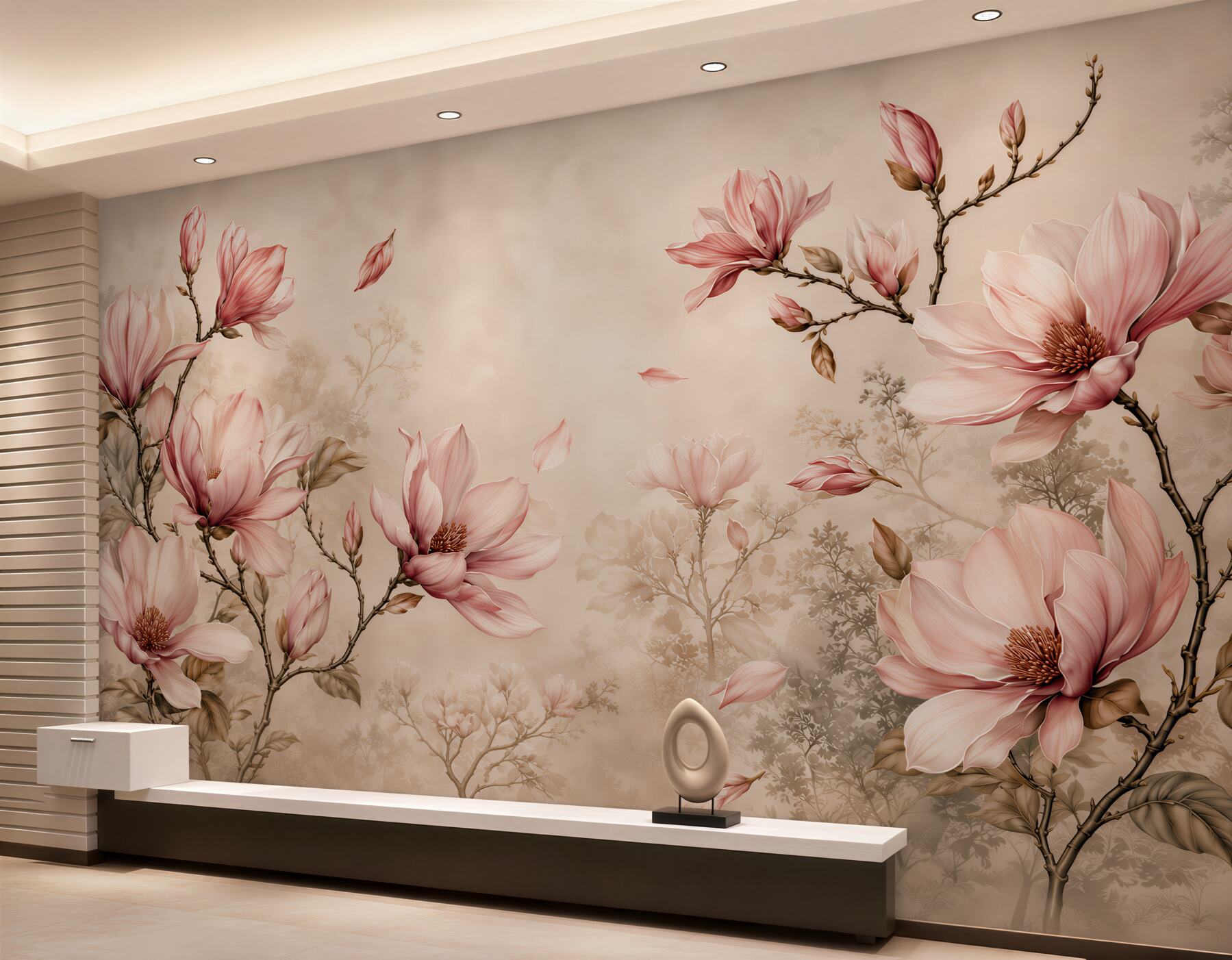 Papier peint magnolias roses