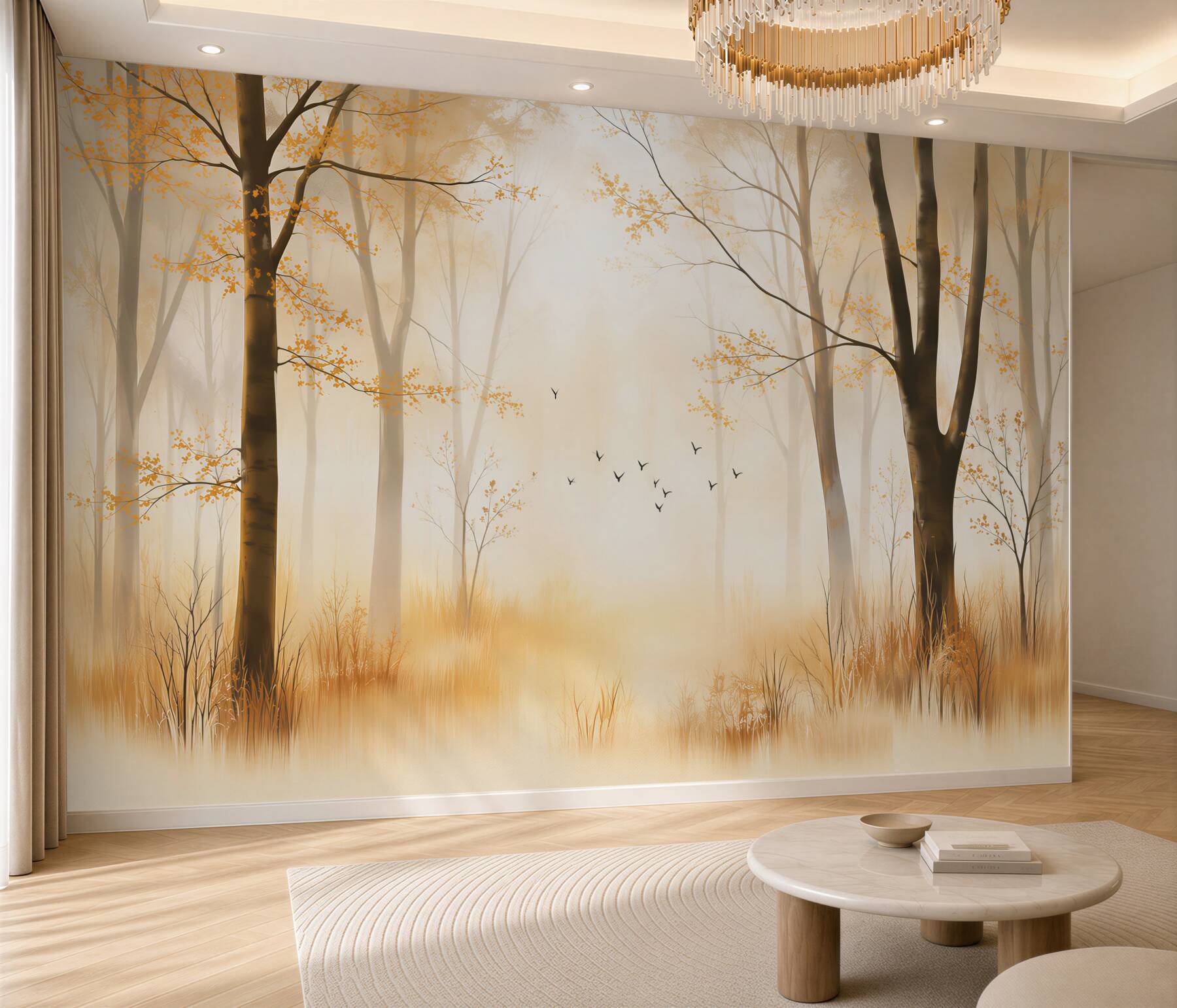 Papier peint forêt d'automne dans le brouillard