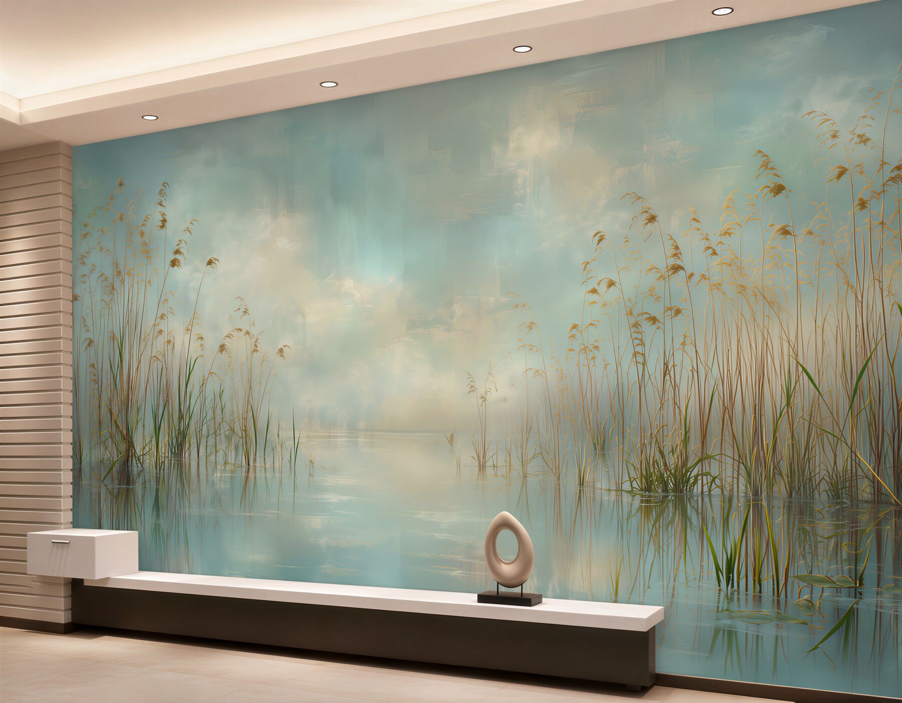 Papier peint paysage avec herbes au bord du lac