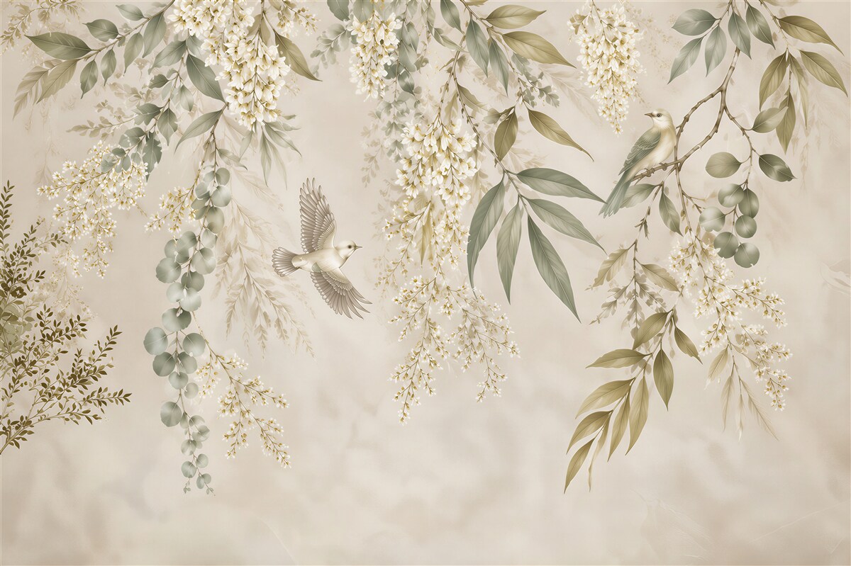 Papier peint oiseau parmi fleurs et feuilles