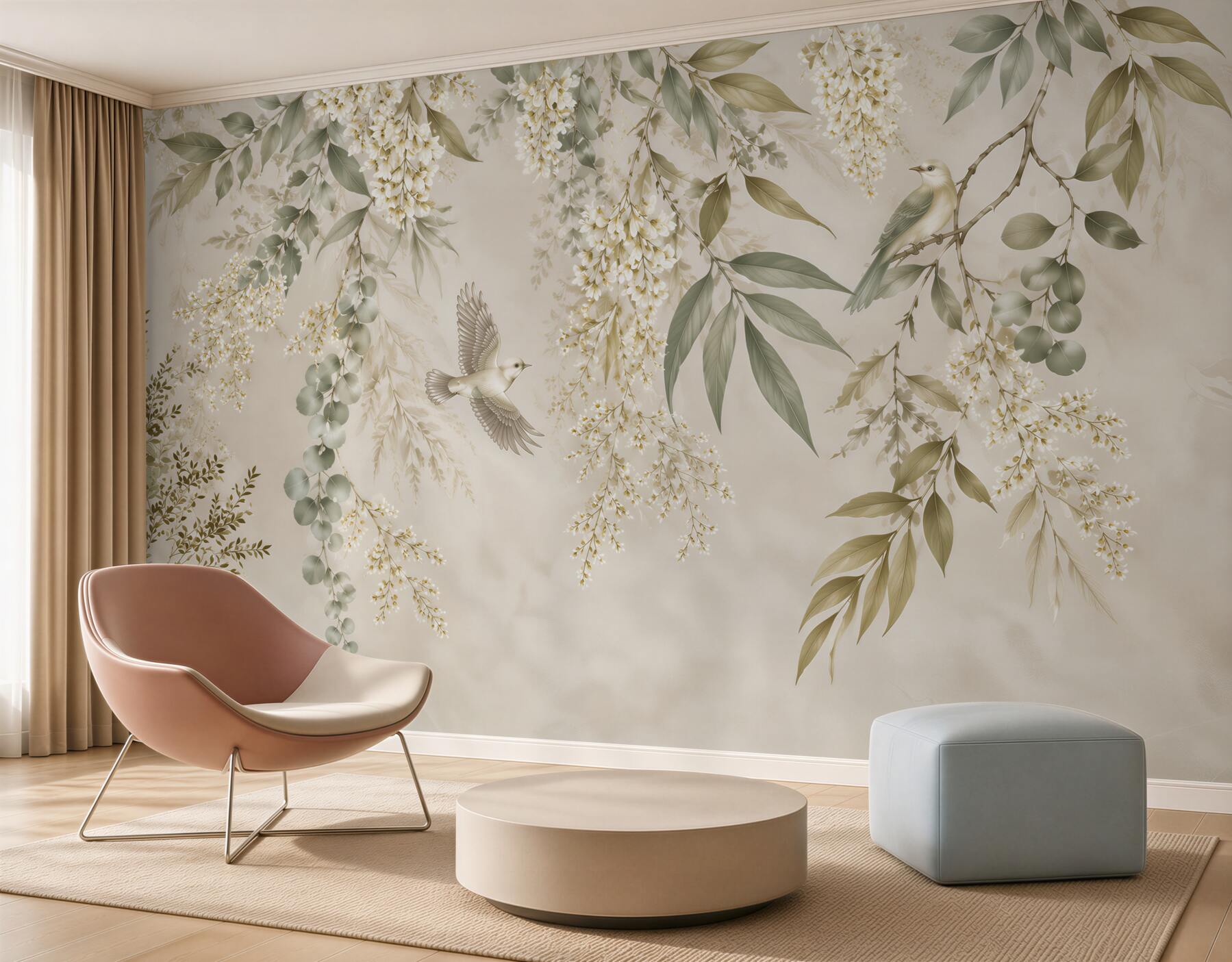 Papier peint oiseau parmi fleurs et feuilles