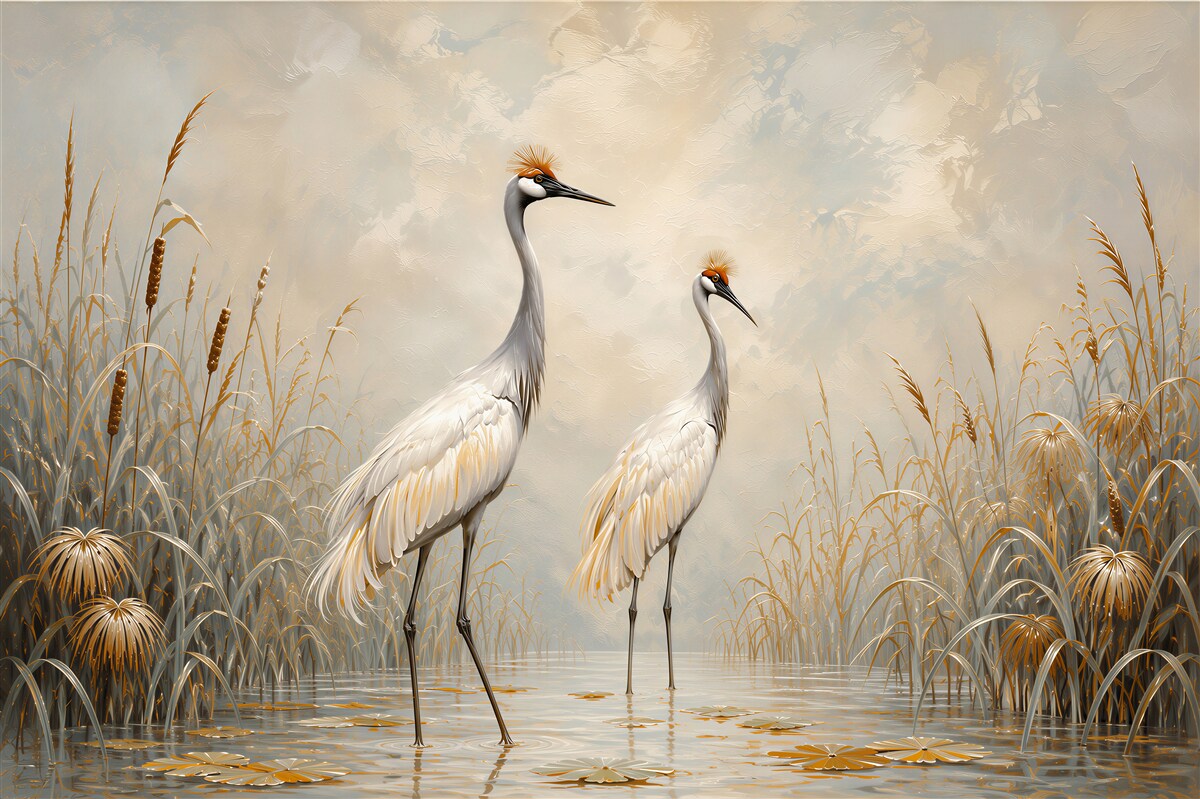 Papier peint grues dans l'herbe