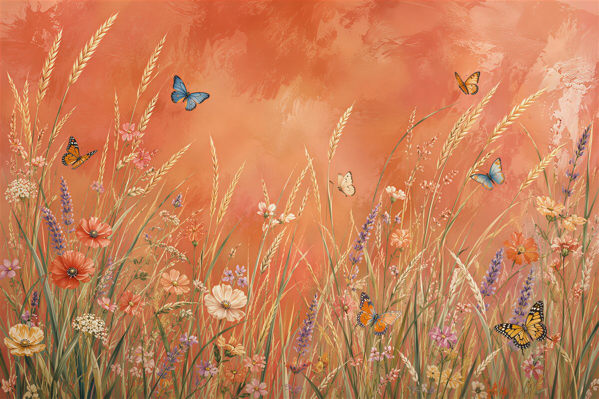 Papier peint prairie avec papillons