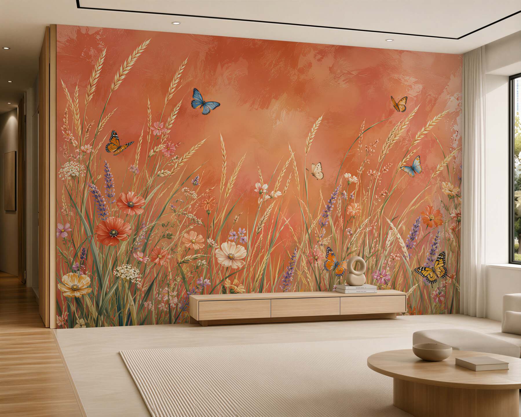 Papier peint prairie avec papillons