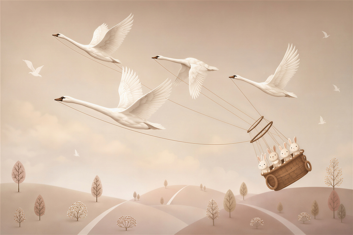 Papier peint cygnes en vol avec panier