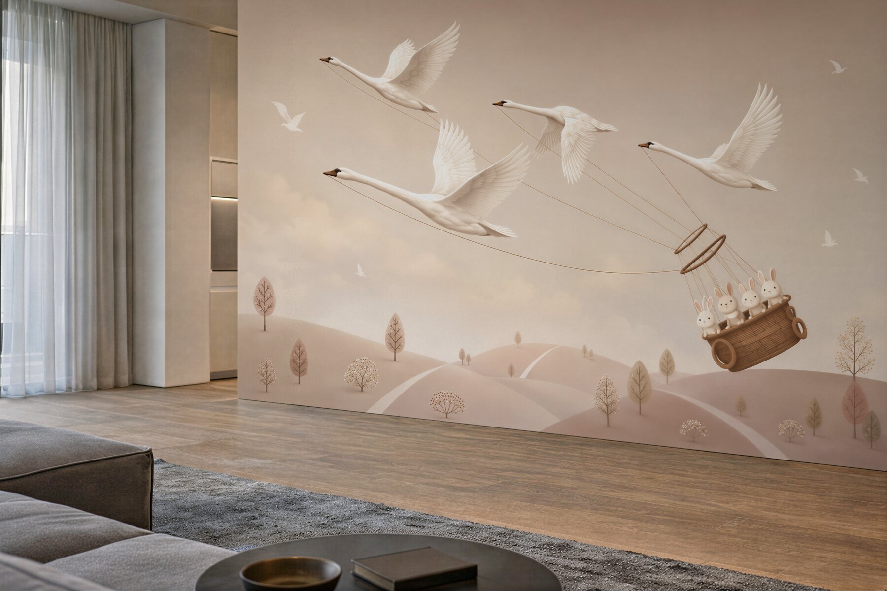 Papier peint cygnes en vol avec panier