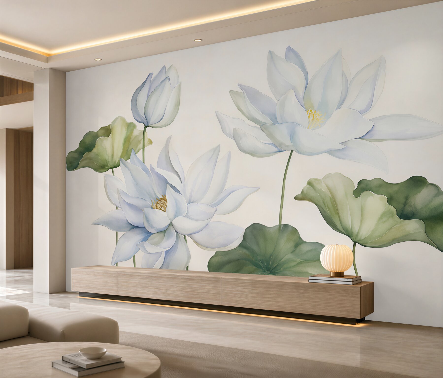 Papier peint lotus blancs avec des feuilles