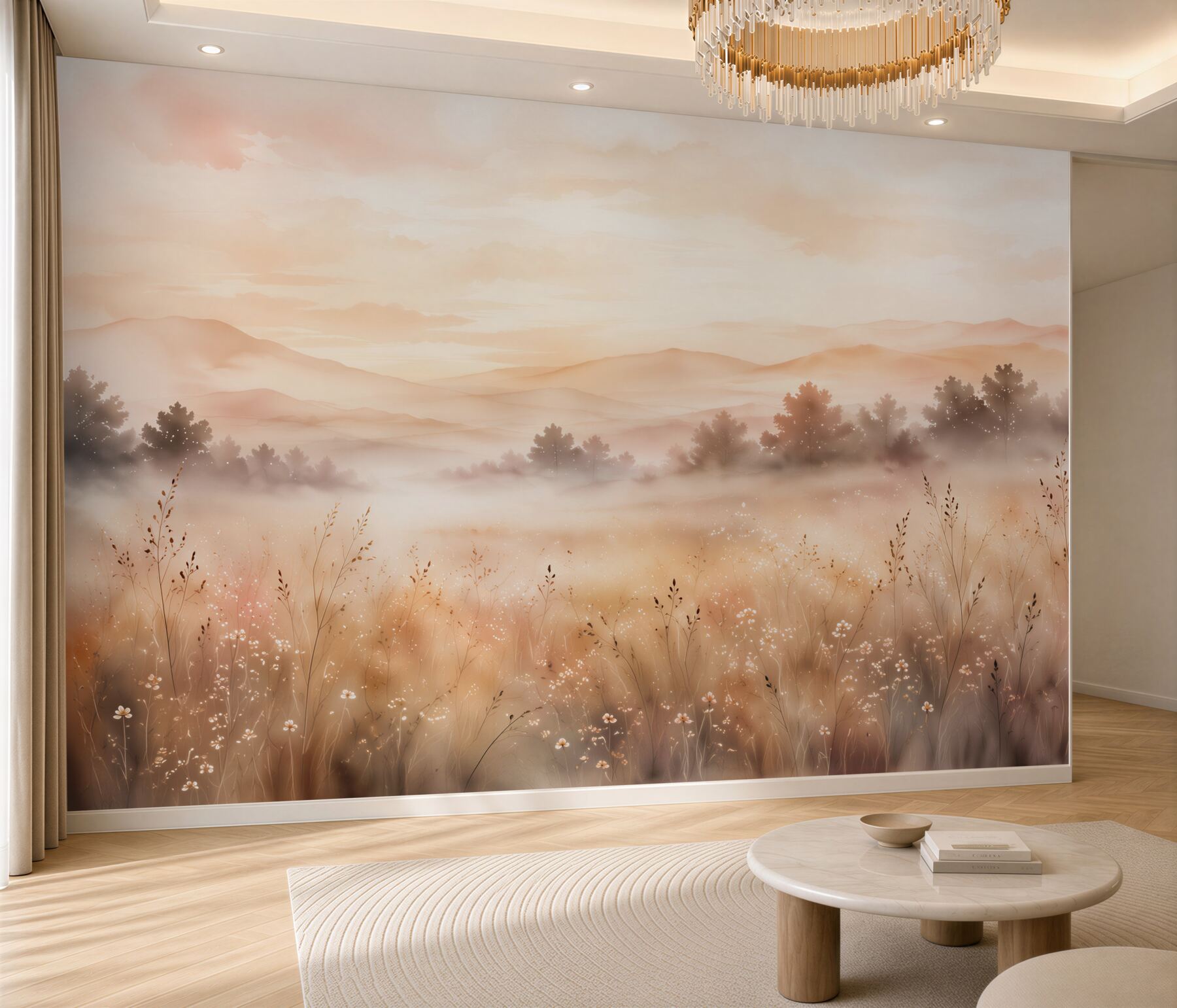 Papier peint paysage brumeux au coucher du soleil