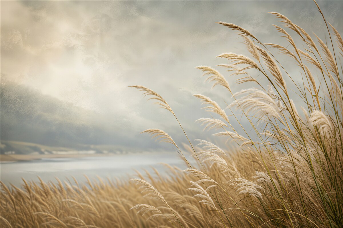 Papier peint herbes au bord du lac