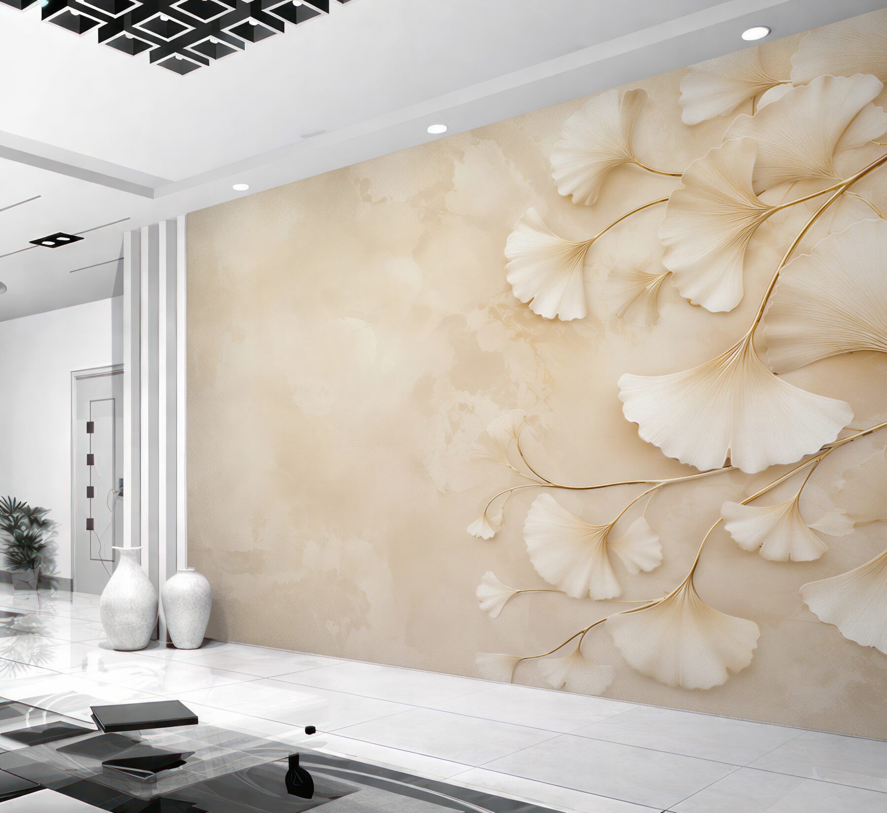Papier peint feuilles en or