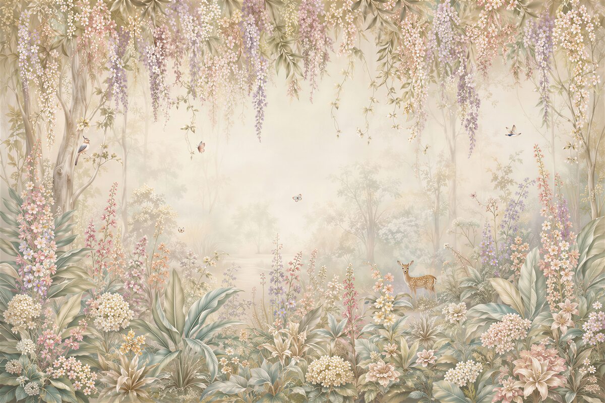 Papier peint paysage forestier avec des fleurs