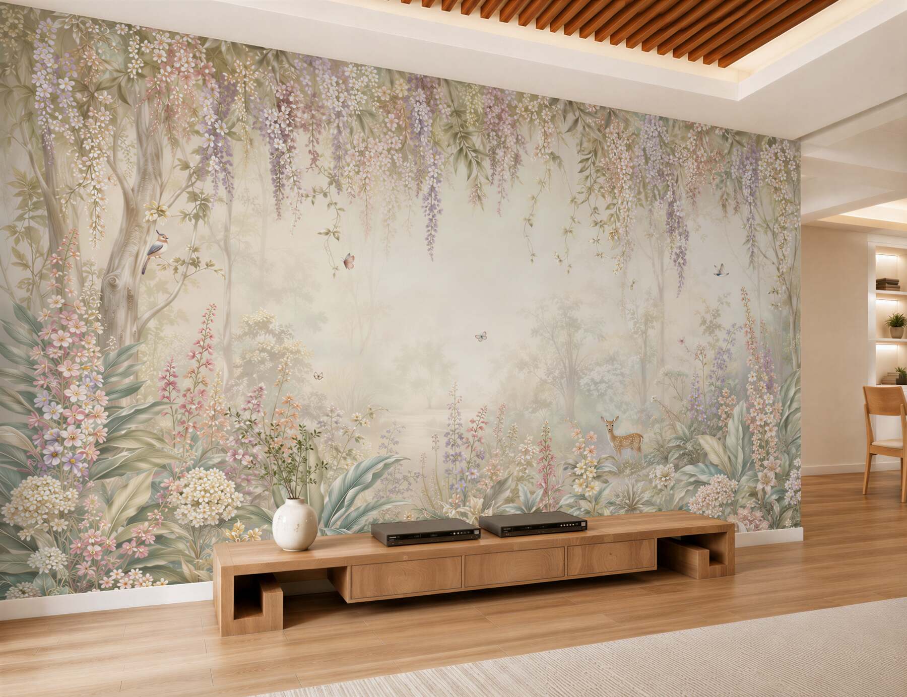 Papier peint paysage forestier avec des fleurs
